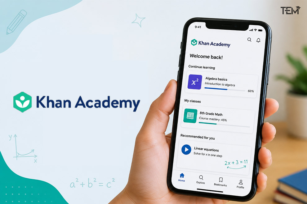 Khan Academy mobile learning app showing math lessons, algebra practice, and personalized education dashboard