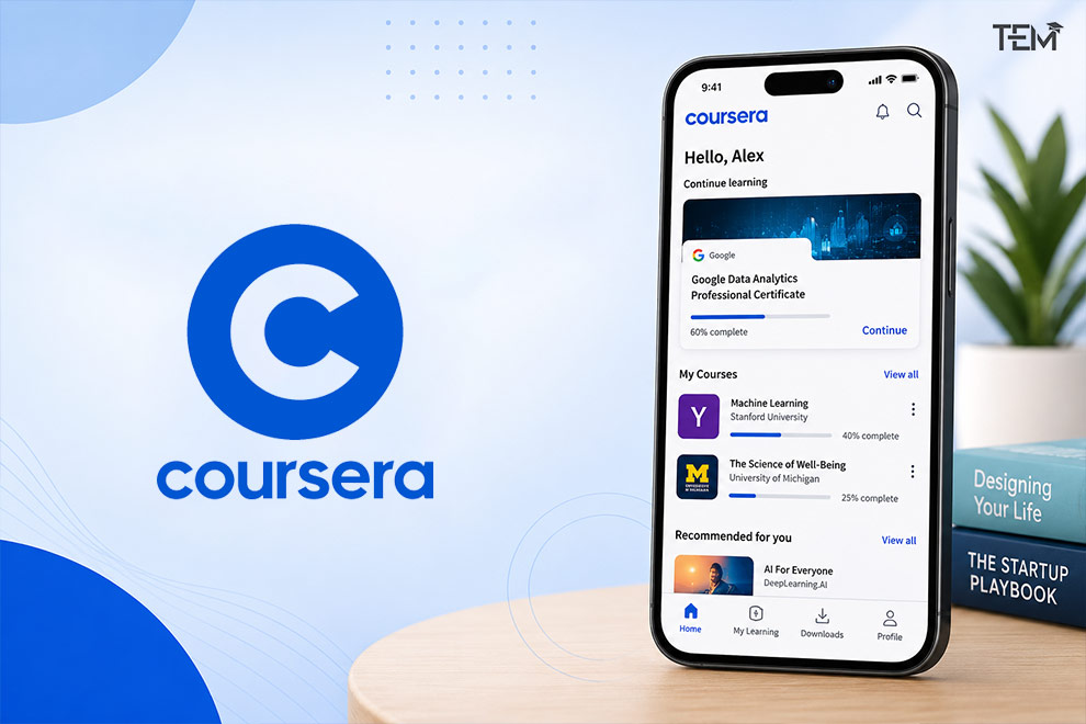 Coursera app on smartphone showing online courses, certifications, and personalized learning dashboard