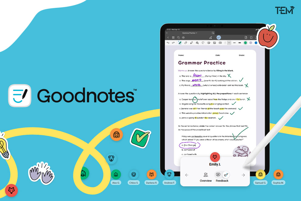 Goodnotes app interface on tablet showing grammar practice and interactive student feedback for digital learning