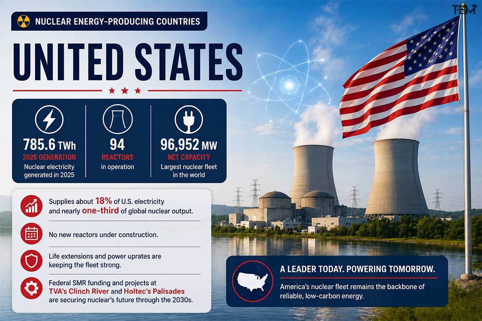 United States nuclear energy production with nuclear reactors and electricity generation statistics