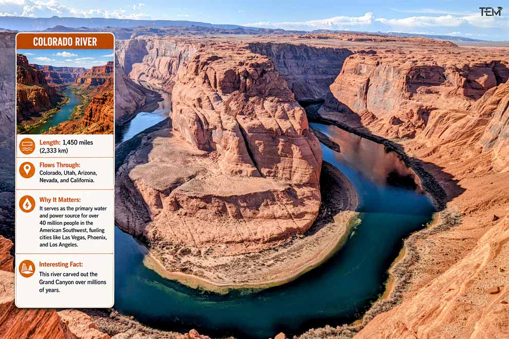Colorado River at Horseshoe Bend in Arizona showcasing dramatic canyon landscapes, a major waterway featured among the longest rivers in the USA.