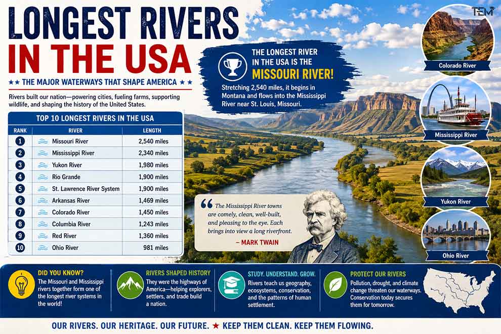 Longest rivers in the USA infographic ranking the Missouri, Mississippi, Yukon, Rio Grande, Colorado, and other major American rivers