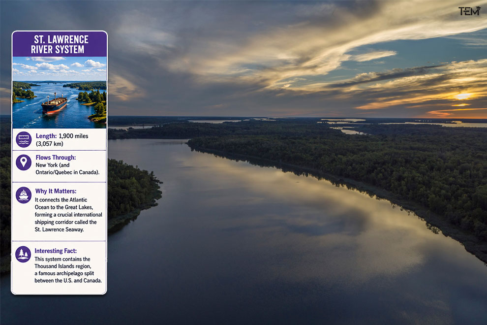 St. Lawrence River System connecting the Great Lakes to the Atlantic Ocean through the United States and Canada