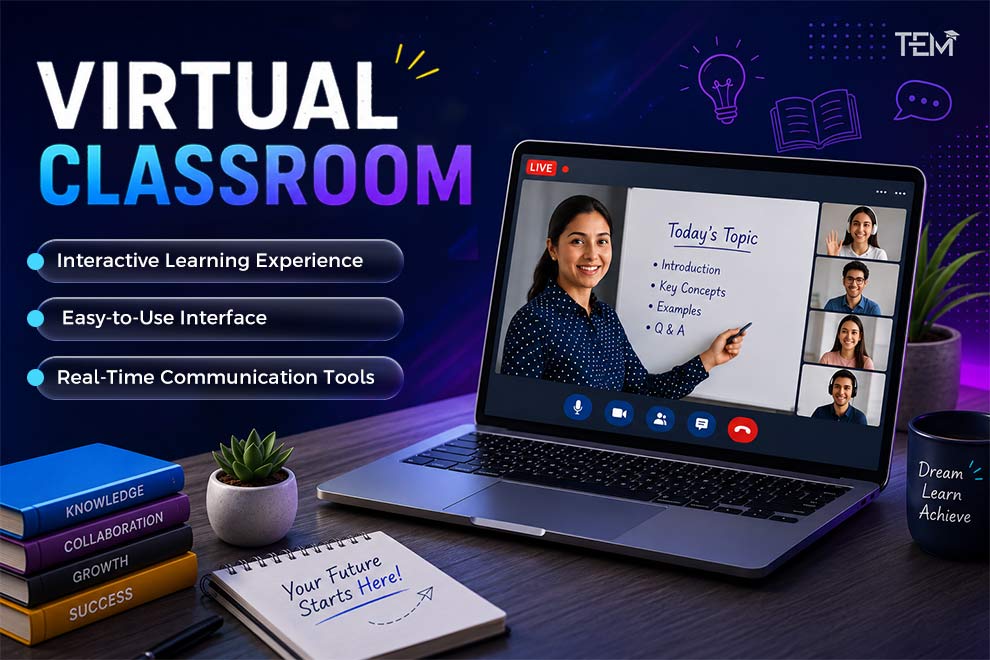 Virtual classroom with online teacher and students on video call demonstrating interactive digital learning and real-time communication tools