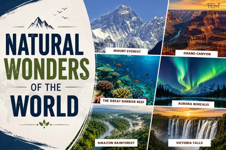 Natural Wonders of the World featuring Mount Everest, the Grand Canyon, the Great Barrier Reef, the Aurora Borealis, the Amazon Rainforest, and Victoria Falls.