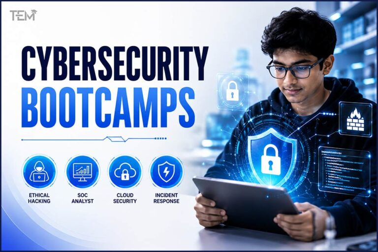 Cybersecurity bootcamps for beginners and professionals covering ethical hacking, SOC analyst, cloud security, and incident response training