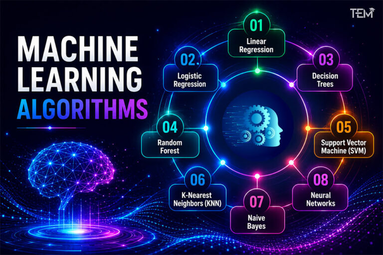Machine learning algorithms infographic featuring linear regression, logistic regression, decision trees, random forest, SVM, KNN, Naive Bayes, and neural networks