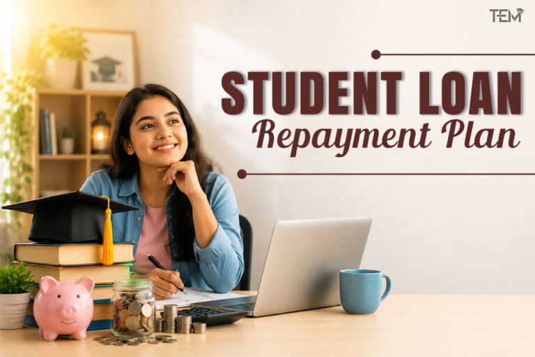 Student reviewing a student loan repayment plan with a laptop calculator savings jar and graduation cap