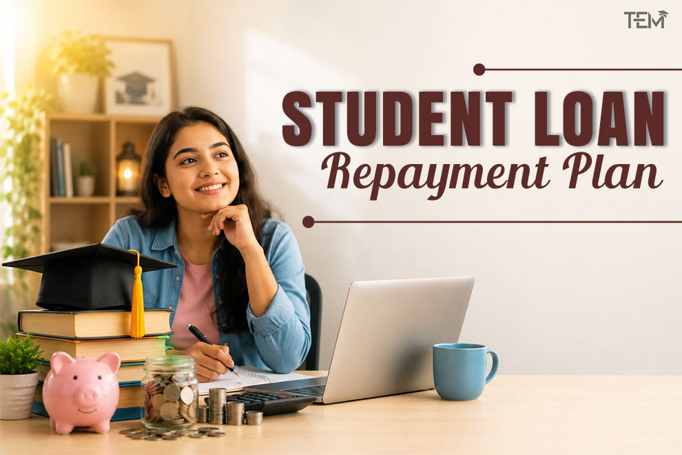 Student reviewing a student loan repayment plan with a laptop calculator savings jar and graduation cap