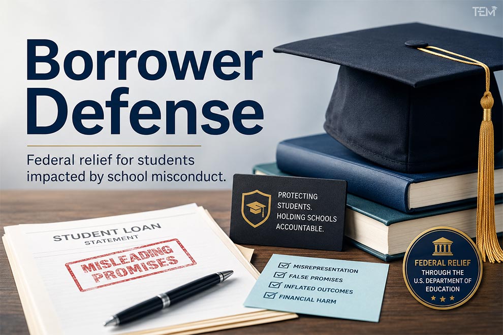Graduation cap, student loan documents, and borrower defense illustration representing federal student loan forgiveness for school misconduct.
