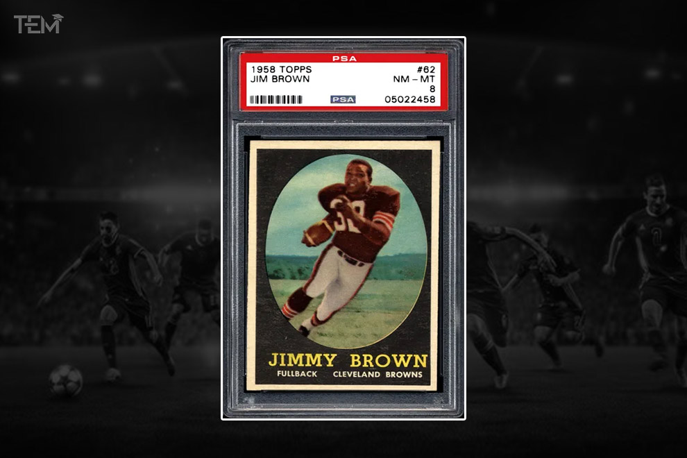 "1958 Topps Jim Brown rookie football card featuring Cleveland Browns legend, vintage PSA-graded collectible and one of the most expensive football cards ever sold."