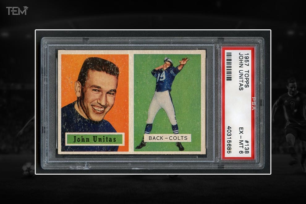 1957 Topps Johnny Unitas rookie football card featuring the Baltimore Colts legend, vintage PSA-graded collectible and one of the most expensive football cards ever sold.