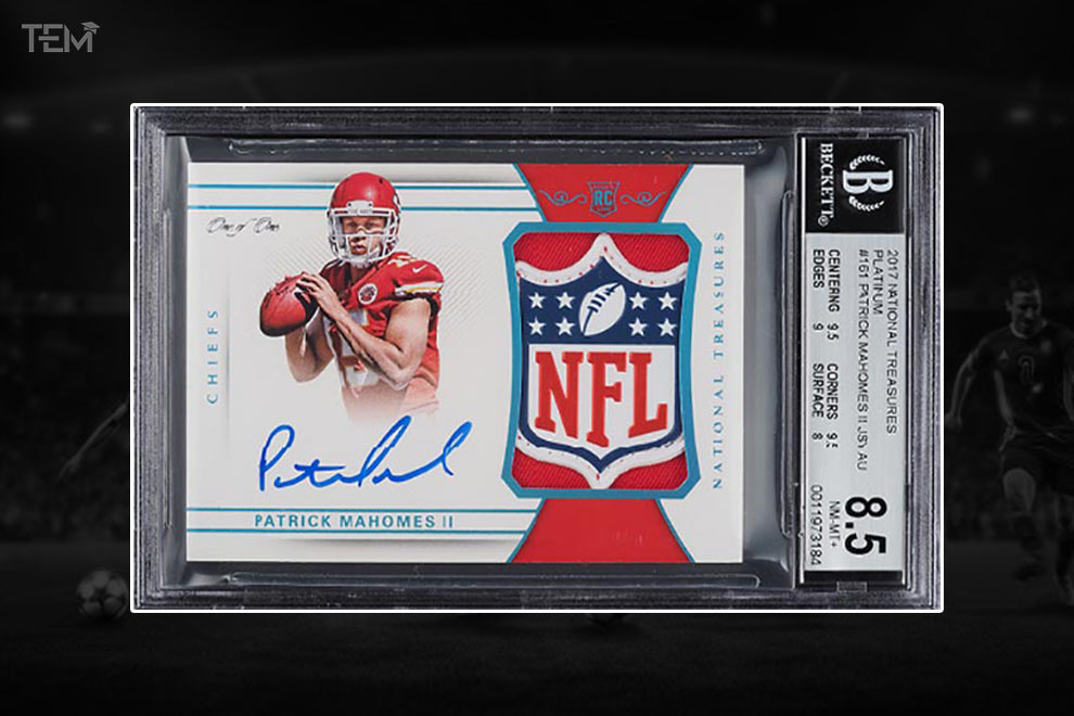 2017 National Treasures Patrick Mahomes NFL Shield Rookie Patch Autograph (RPA) 1/1 graded by Beckett, among the most expensive football cards in history.
