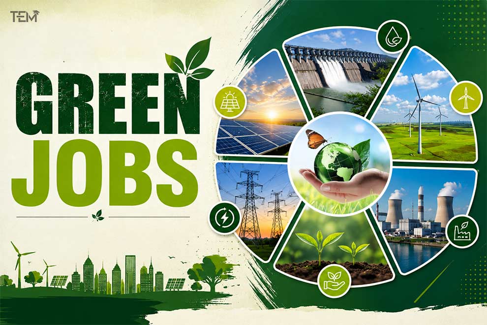 Green jobs in renewable energy, sustainability, and clean technology featuring solar, wind, hydropower, and environmental careers.