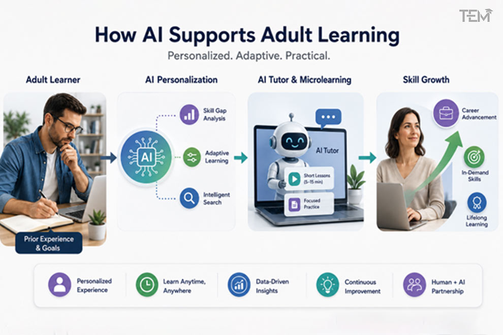 AI-powered adult learning with personalized education, AI tutoring, microlearning, and skill development