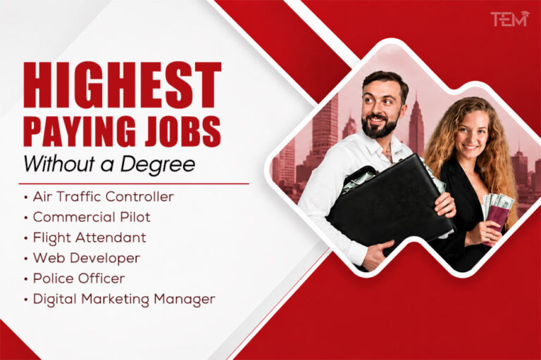 Highest-paying jobs without a degree featuring top careers including commercial pilot, air traffic controller, web developer, police officer, flight attendant, and digital marketing manager.