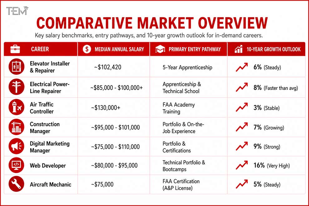 Comparative market overview of the highest-paying jobs without a degree, featuring salary ranges, career pathways, and 10-year job growth outlook across in-demand professions.