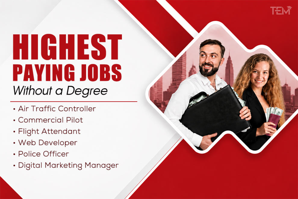Highest-paying jobs without a degree featuring top careers including commercial pilot, air traffic controller, web developer, police officer, flight attendant, and digital marketing manager.