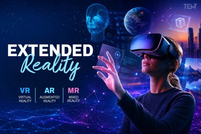 Extended reality illustration showing a person using a VR headset with virtual, augmented, and mixed reality technologies.