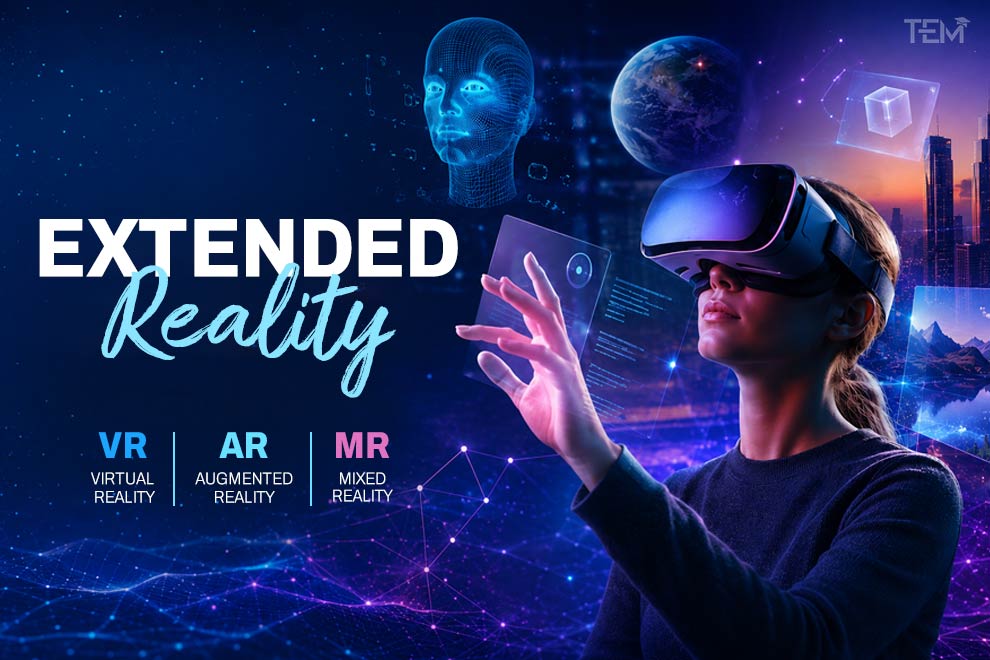 Extended reality illustration showing a person using a VR headset with virtual, augmented, and mixed reality technologies.