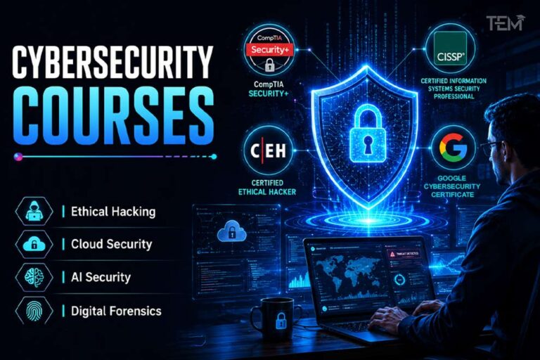 Cybersecurity courses featuring ethical hacking, cloud security, AI security, digital forensics, and industry certifications
