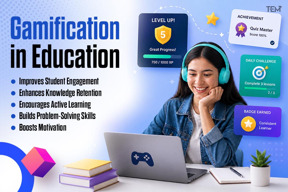 Gamification in education with student using laptop showing rewards, levels, badges, and progress tracking for interactive learning