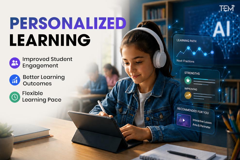 Personalized learning with AI in education showing student engagement and flexible learning pace