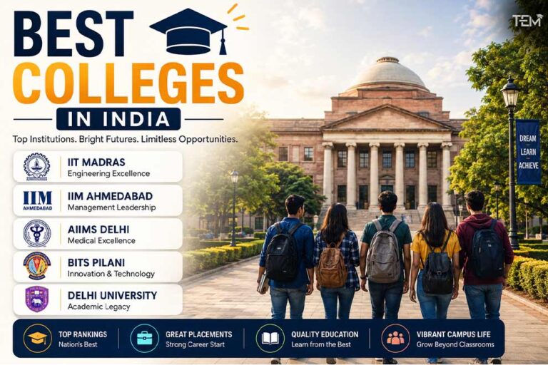 Best colleges in India featuring IIT Madras, IIM Ahmedabad, AIIMS Delhi, BITS Pilani, and Delhi University with students on a modern university campus
