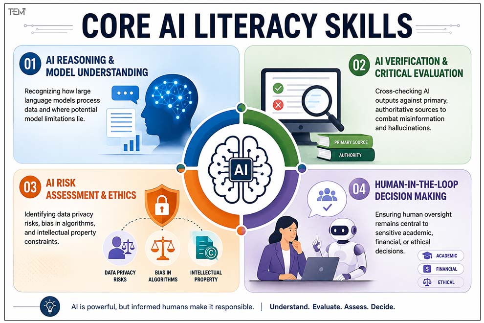Infographic showing core AI literacy skills including AI reasoning, verification, ethics, risk assessment, and human-in-the-loop decision-making.
