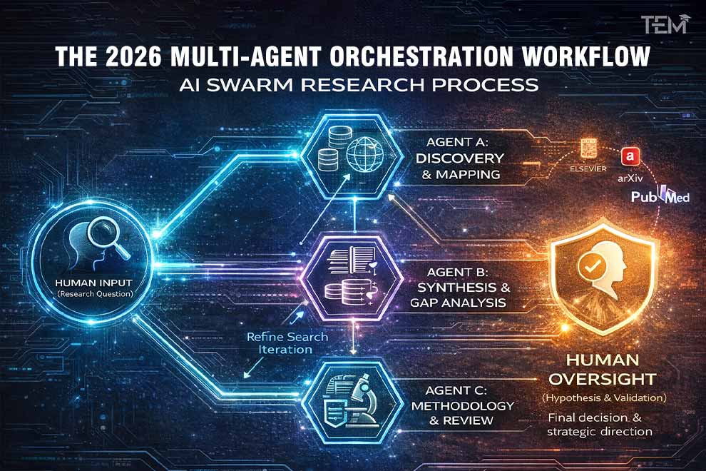 Diagram showing a human researcher using a multi-agent AI workflow for discovery, synthesis, and methodology review