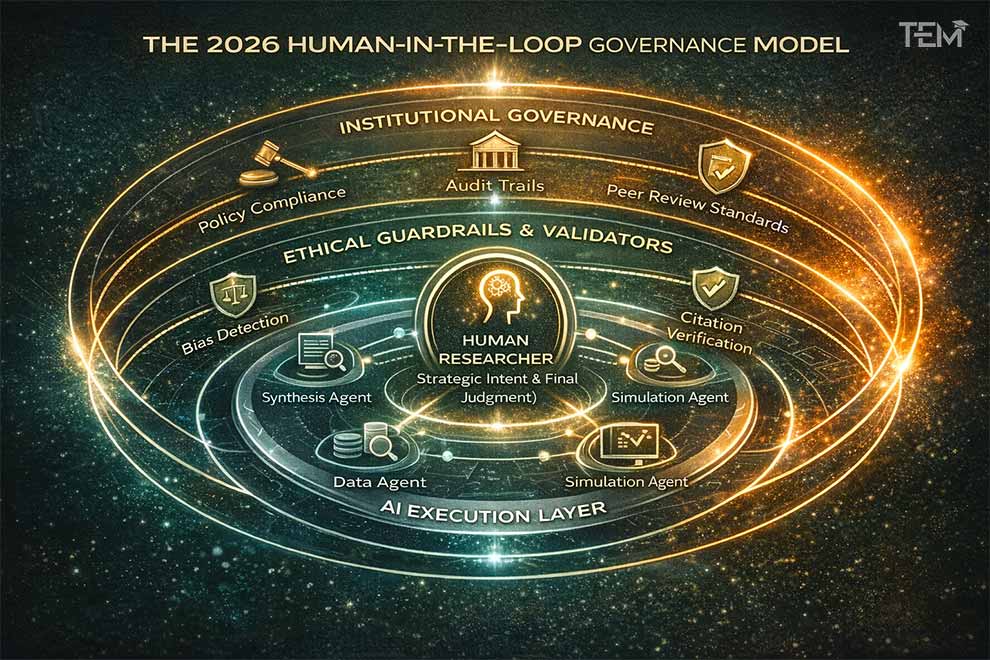 Circular diagram illustrating human researchers at the center of AI execution, protected by ethical and institutional guardrails.