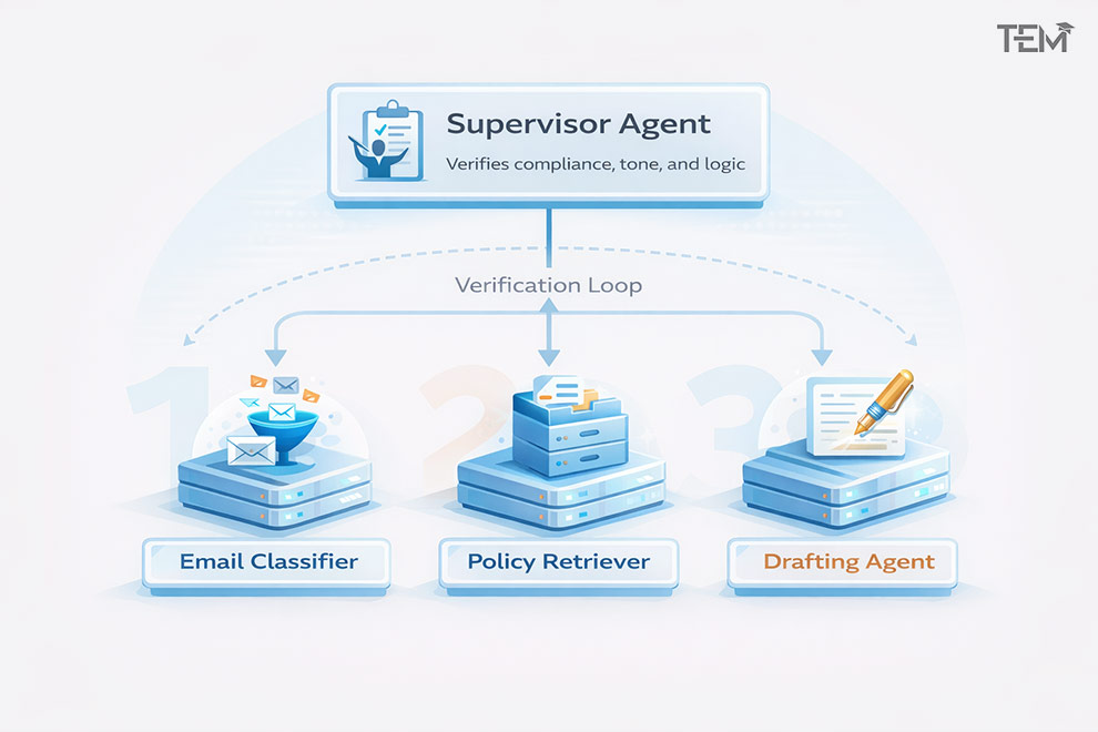 Flowchart illustrating the hierarchical supervisor model for multi-agent workflows in campus administration.