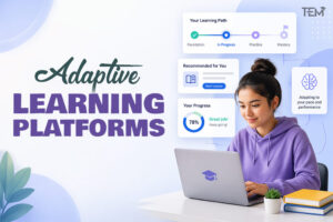 Adaptive learning platforms with student using laptop and AI-driven personalized learning dashboard showing progress and recommendations