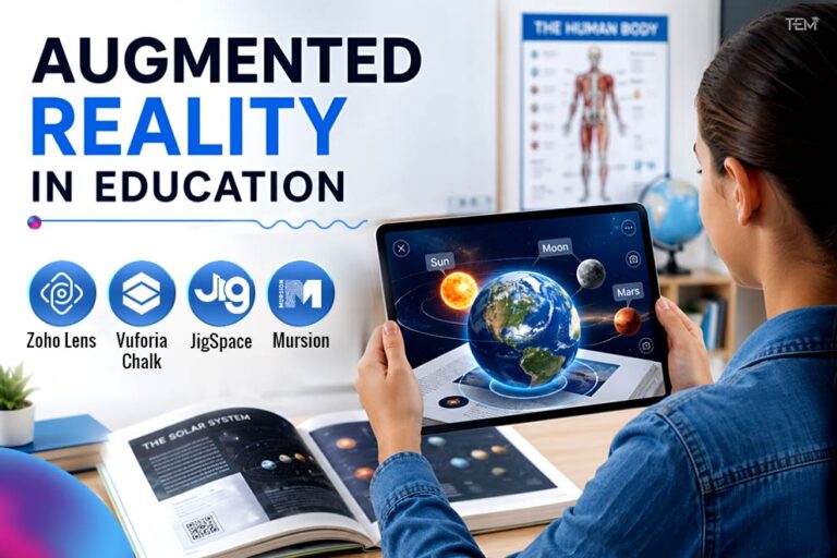Augmented reality in education with student using tablet to explore solar system using apps like Zoho Lens, Vuforia Chalk, JigSpace, and Mursion