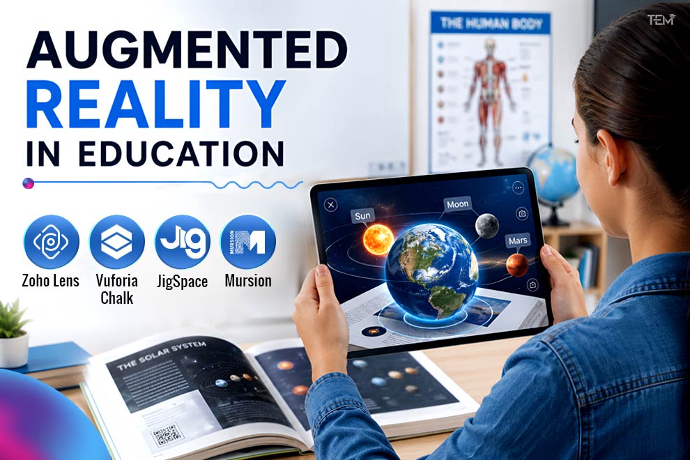 Augmented reality in education with student using tablet to explore solar system using apps like Zoho Lens, Vuforia Chalk, JigSpace, and Mursion