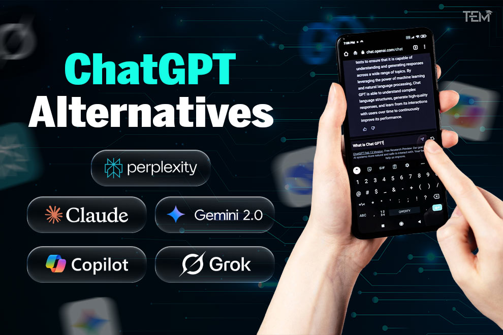 ChatGPT alternatives including Perplexity AI, Claude, Gemini, Microsoft Copilot, and Grok displayed on mobile screen