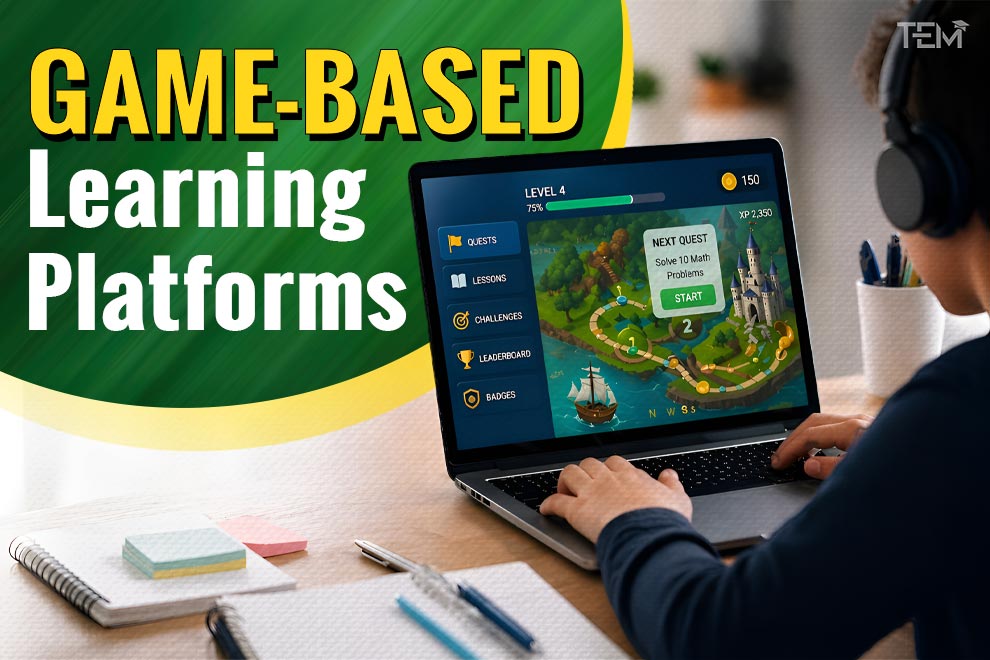 Game-based learning platforms with student using laptop showing gamified education interface with levels, rewards, and challenges