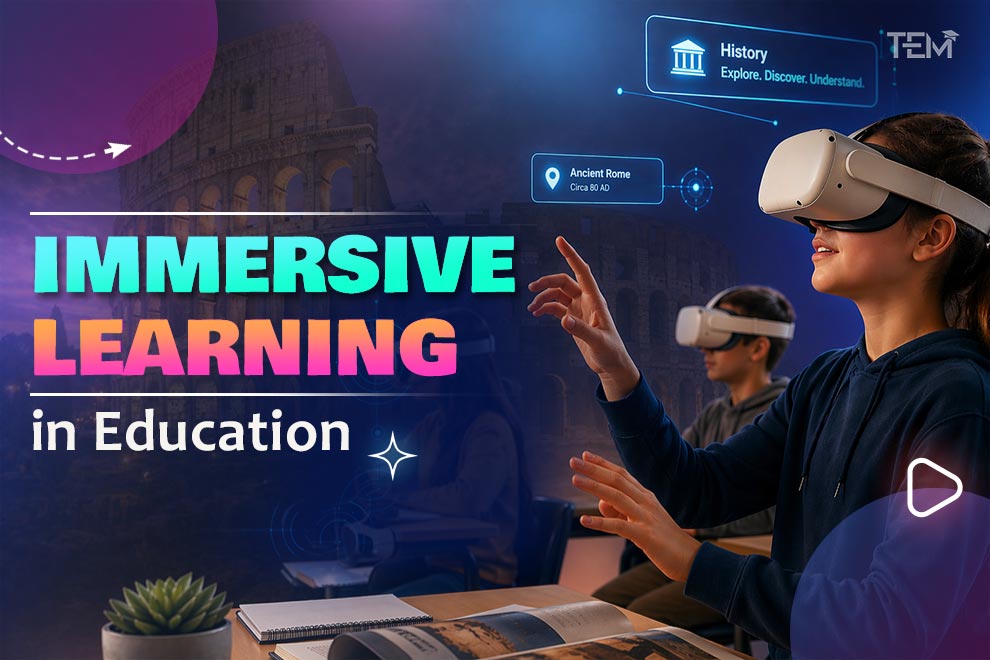 Immersive learning in education with students using VR headsets exploring history and interactive virtual environments