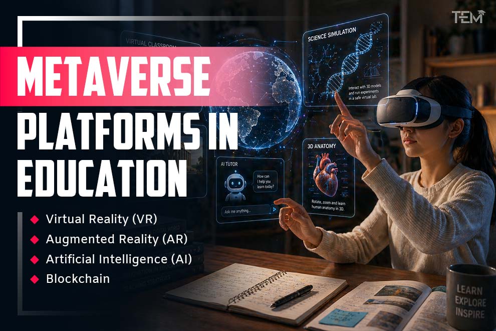 Metaverse platforms in education with student using VR headset and interacting with virtual classroom, AI tutor, and 3D simulations