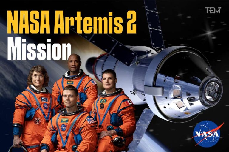 NASA Artemis II mission astronauts in orange spacesuits with Orion spacecraft in space