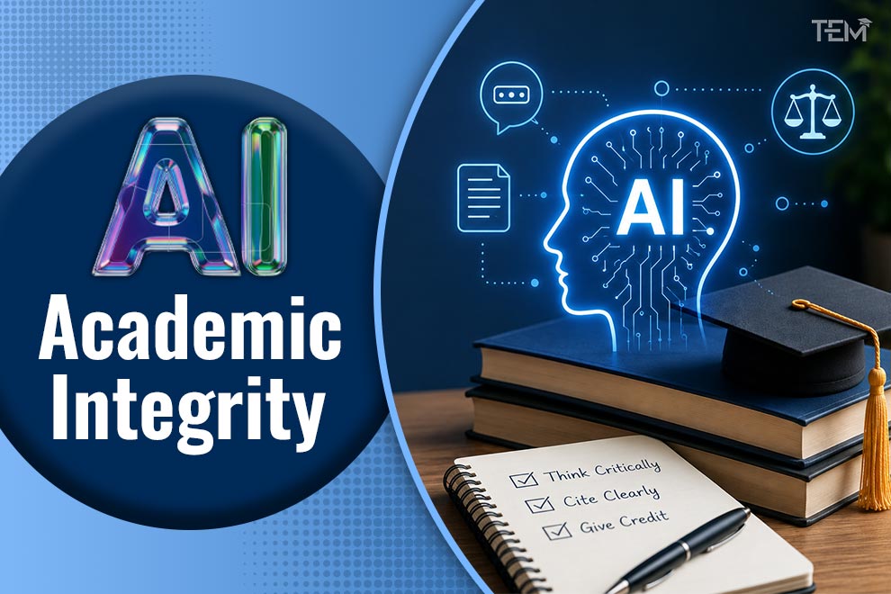 AI academic integrity concept with books, graduation cap, and artificial intelligence symbol promoting ethical use of AI in education