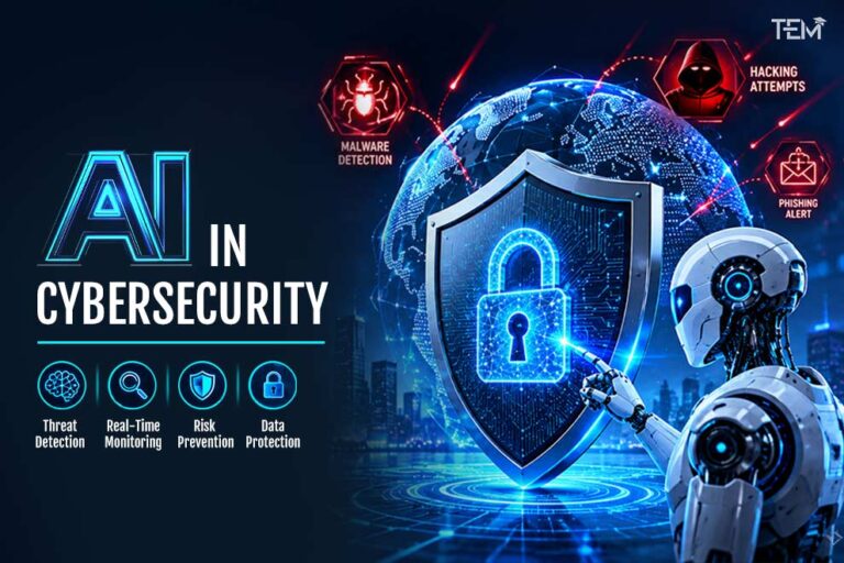 AI in cybersecurity with robotic security system detecting malware, phishing attacks, and cyber threats in real time