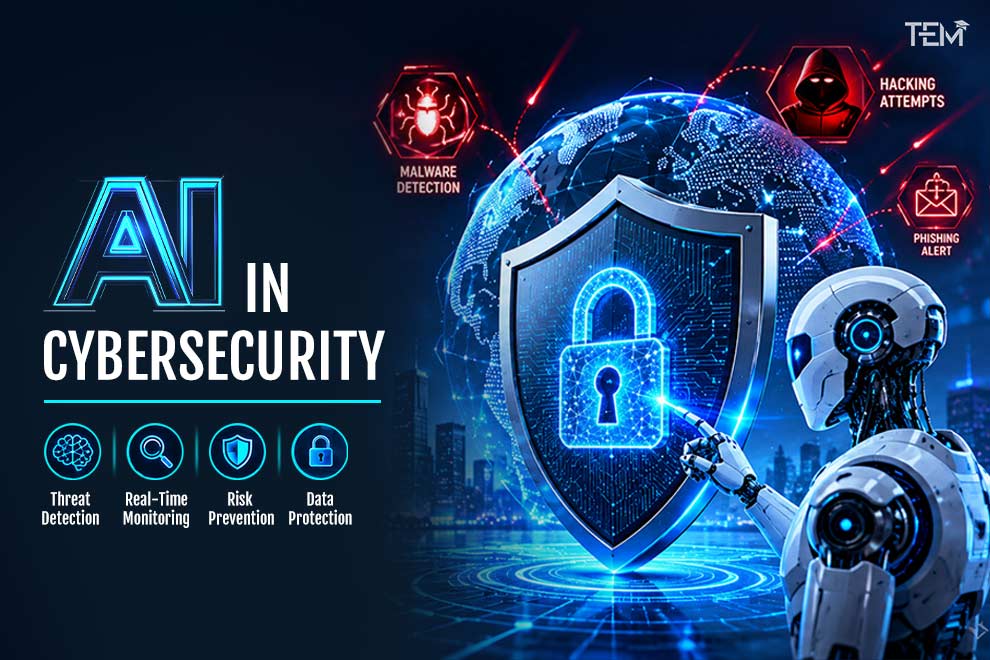 AI in cybersecurity with robotic security system detecting malware, phishing attacks, and cyber threats in real time