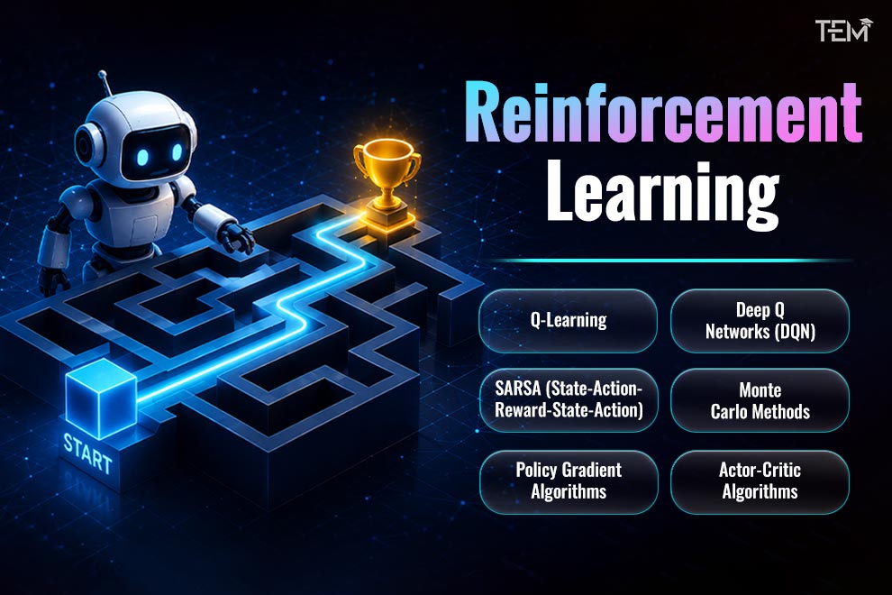 Reinforcement learning in artificial intelligence with robot navigating maze using Q-learning, DQN, SARSA, and policy gradient algorithms