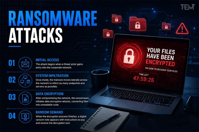 Ransomware attack process showing file encryption, system infiltration, ransom demand, and cybersecurity threat lifecycle