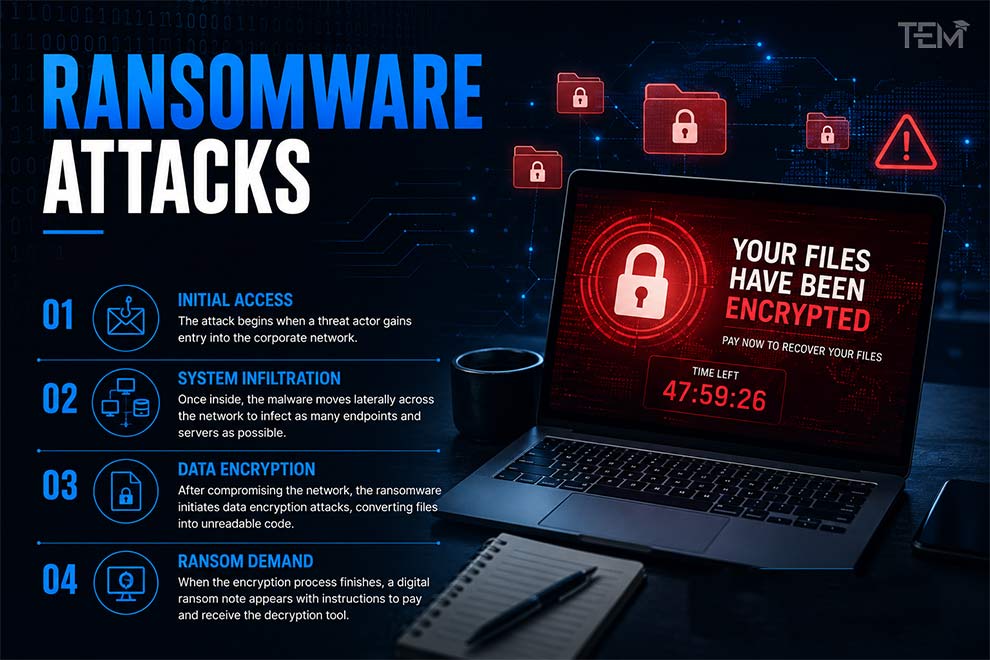 Ransomware attack process showing file encryption, system infiltration, ransom demand, and cybersecurity threat lifecycle