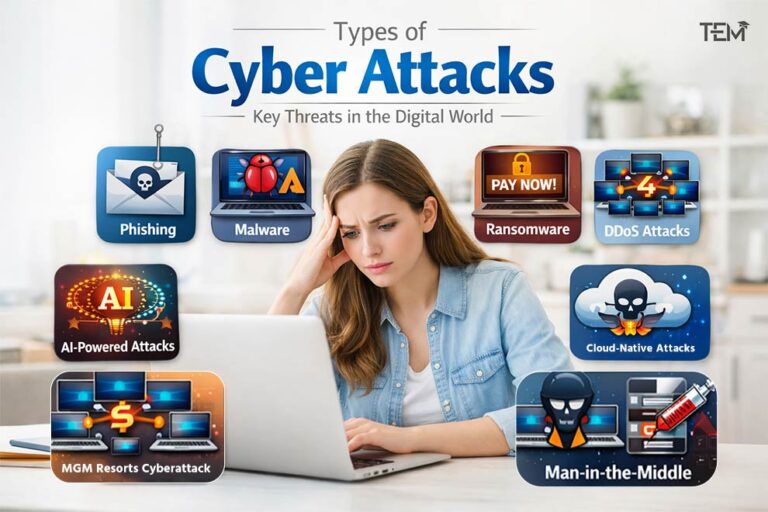 Types of cyber attacks including phishing, malware, ransomware, DDoS attacks, AI-powered attacks, and man-in-the-middle threats