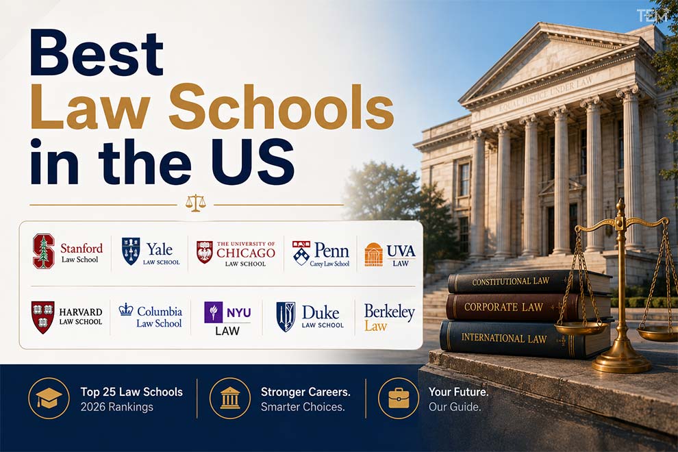 Best law schools in the US featuring Stanford, Yale, Harvard, Columbia, NYU, Duke, Berkeley, University of Chicago, Penn Carey, and UVA Law