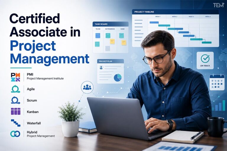 Certified Associate in Project Management (CAPM) certification by PMI, featuring a project manager using project planning tools, Agile, Scrum, Kanban, Waterfall, and Hybrid methodologies.