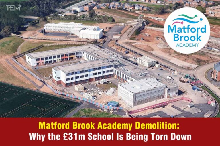 Aerial view of Matford Brook Academy construction site in Exeter, highlighting the £31 million school building that is being demolished due to structural safety concerns.